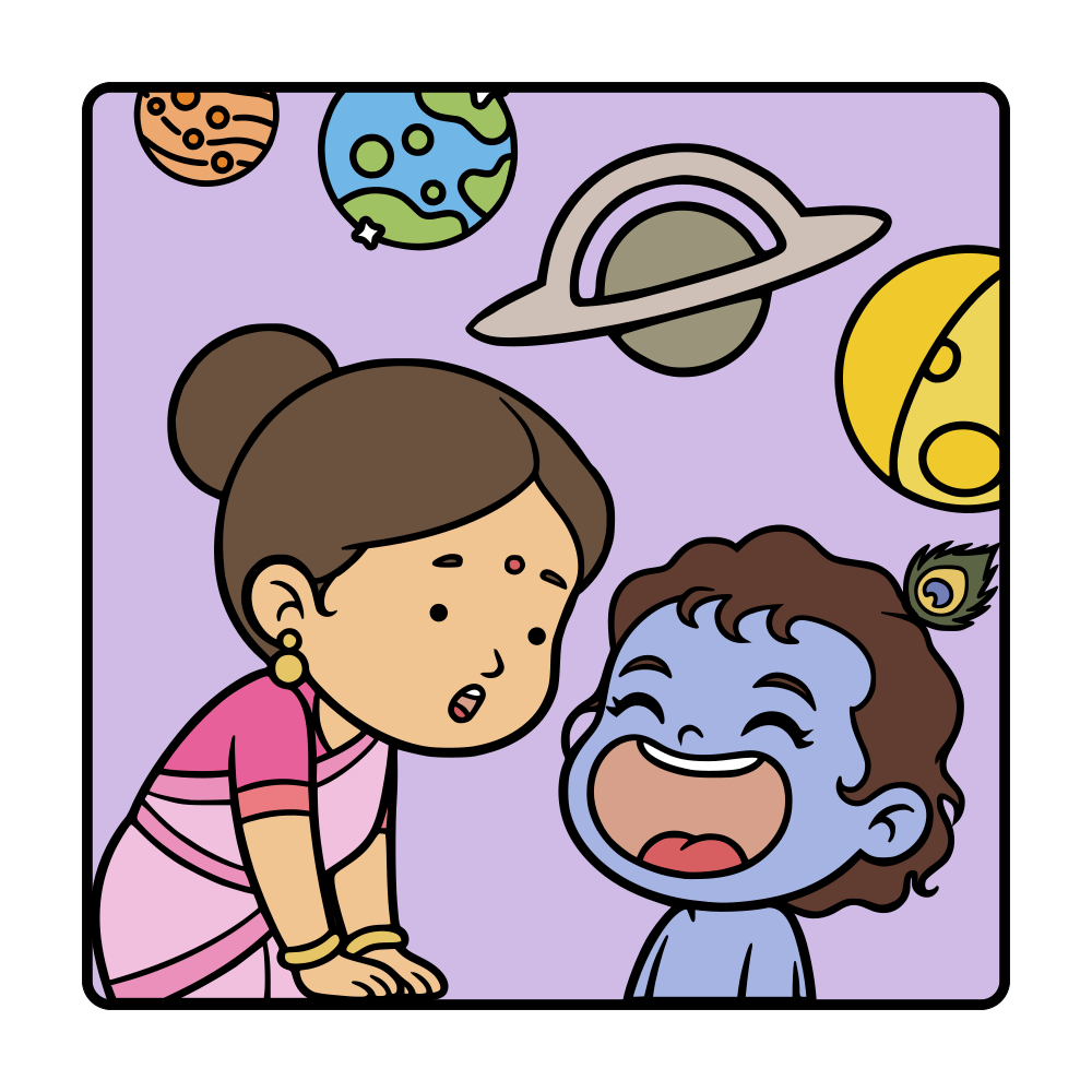 Krishna’s Adventures back cover: Yashoda seeing the universe and galaxies inside Krishna’s mouth.