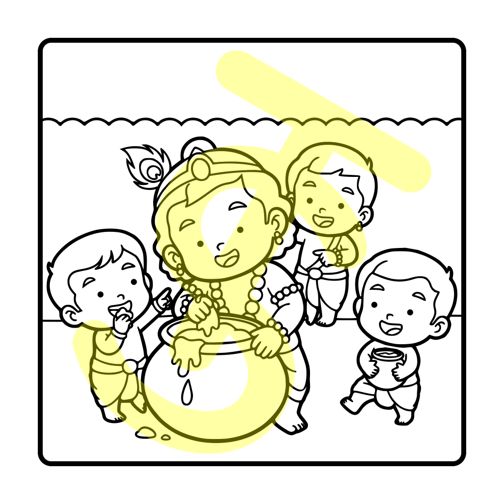 Chibi Krishna giggling and sharing stolen butter with friends, cute Krishna coloring page.