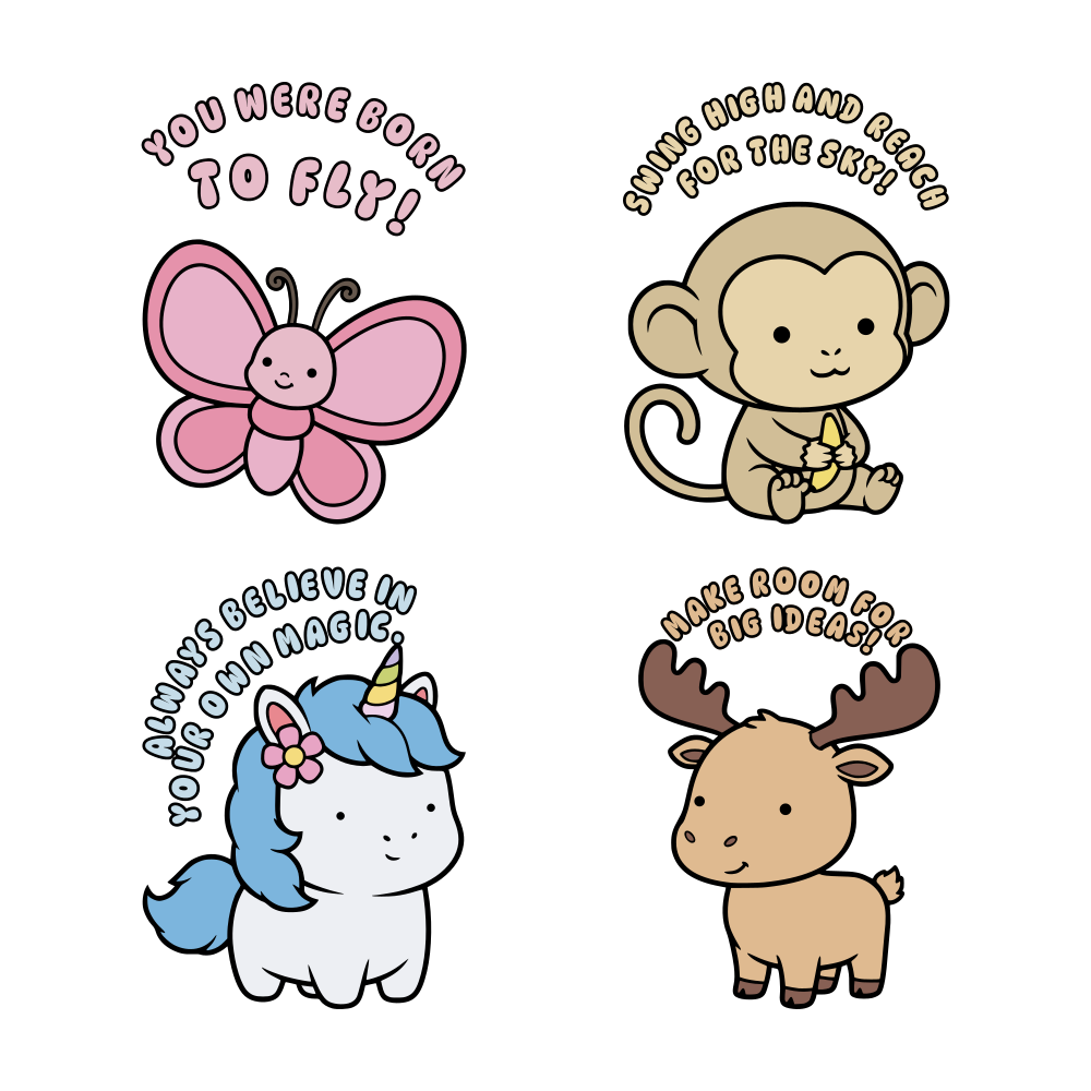 Back cover: Butterfly, Monkey, Unicorn, and Moose illustrations with motivational quotes for kids.