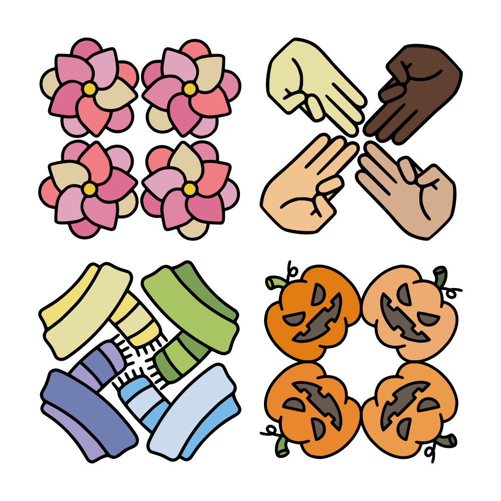 Pure Pattern Play back cover: Circular pattern featuring Poinsettia, Gyaan Mudra, and Halloween pumpkins.