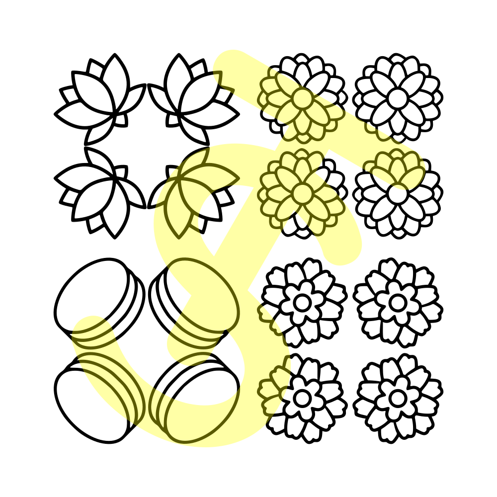 Circular repeatable pattern coloring page featuring Lotus, Marigold, Macarons, and Peonies.
